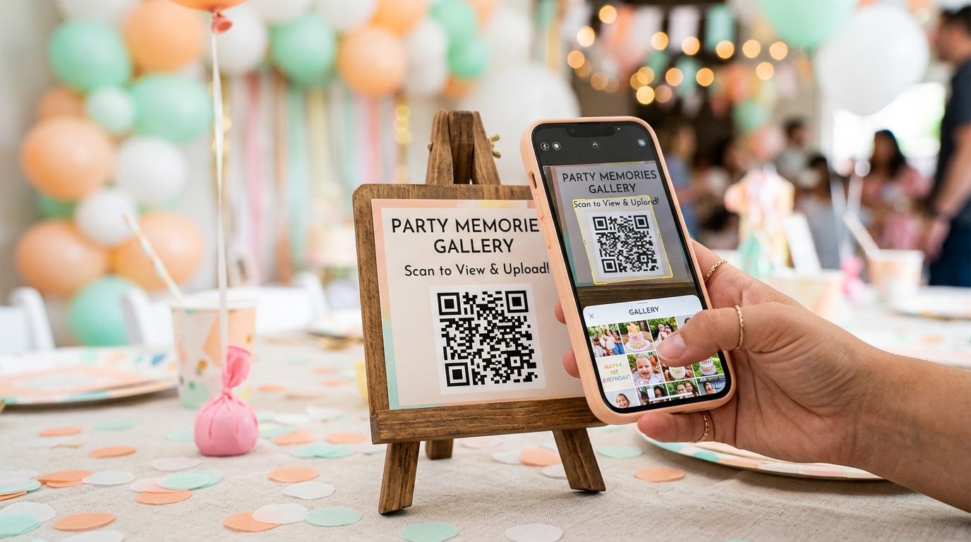 Guest scanning a QR code at a birthday party — pastel balloons and confetti in the background