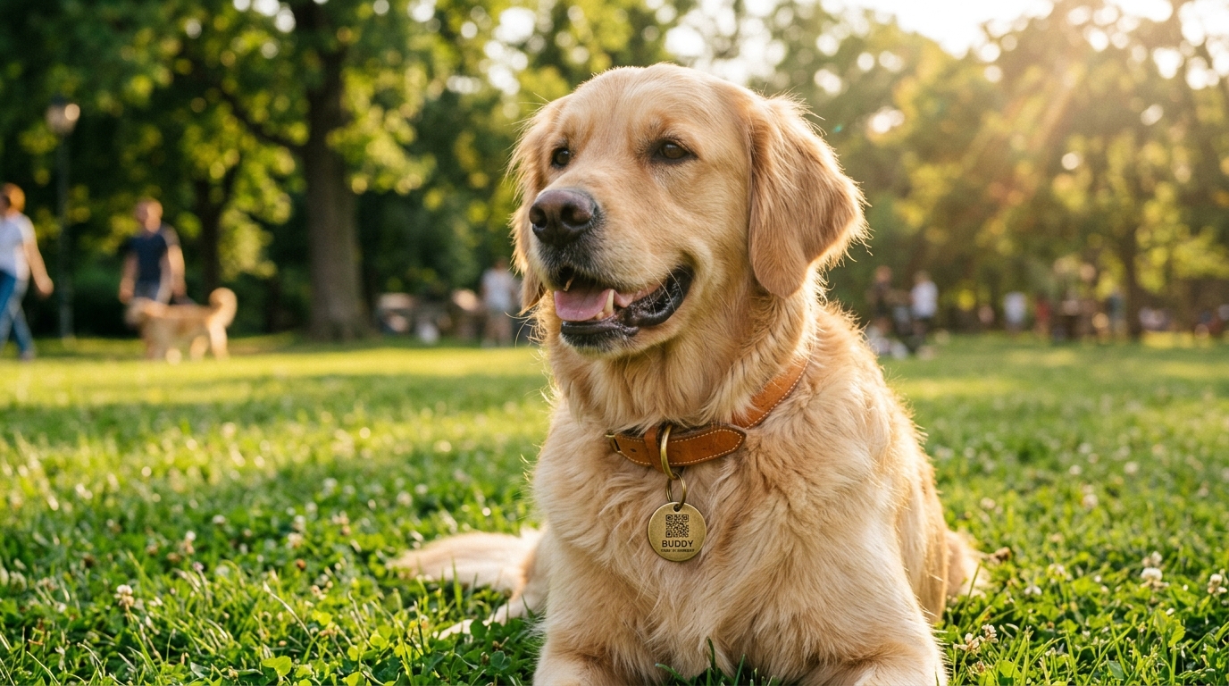 A golden retriever wearing a leather collar with a small NFC pet tag attached