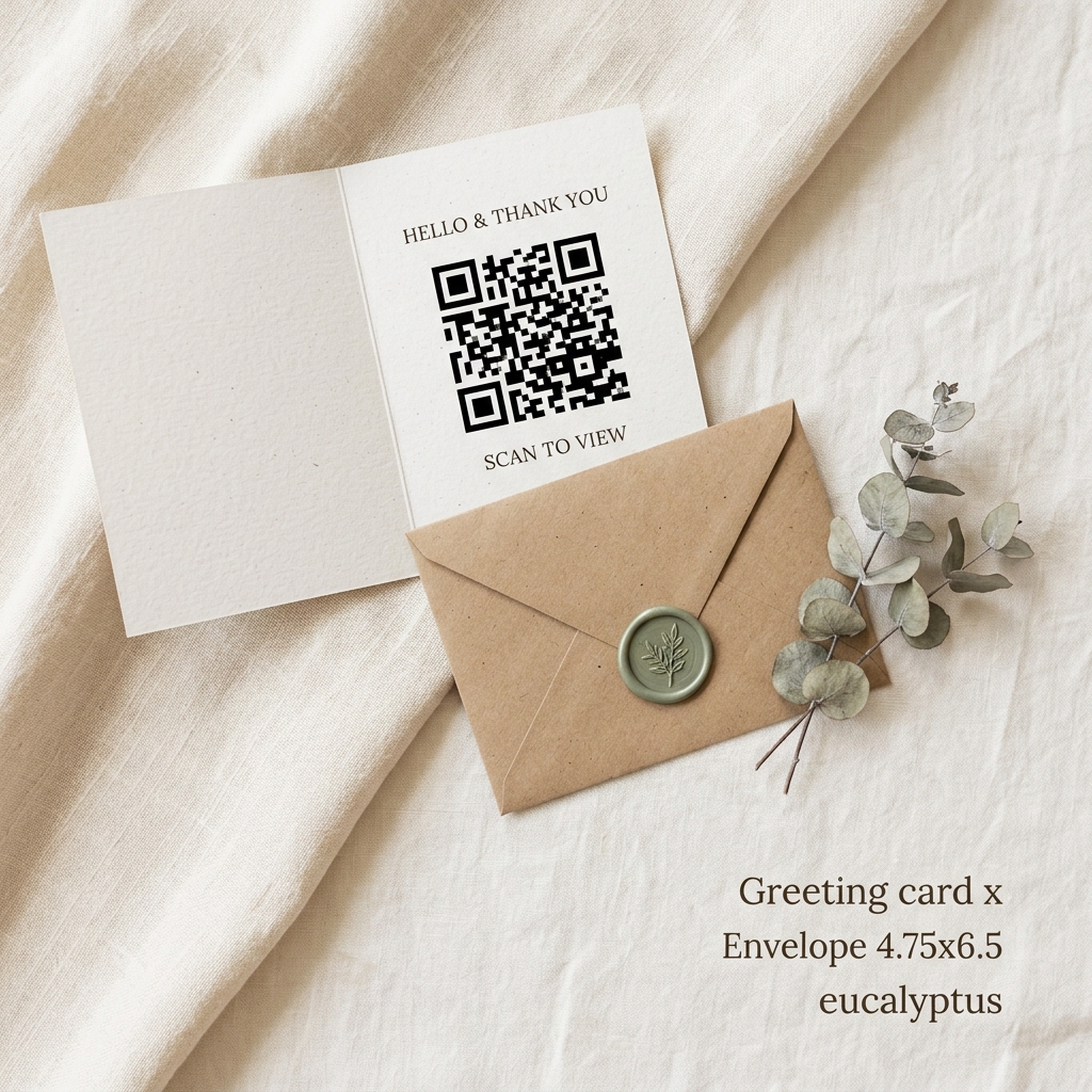An open greeting card with a QR code at its centre on a linen background with dried eucalyptus