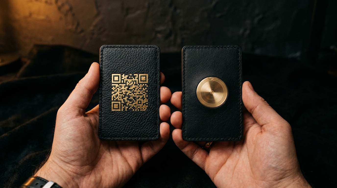 Two premium leather cards held side-by-side — one with a gold QR code, one with a polished brass NFC chip