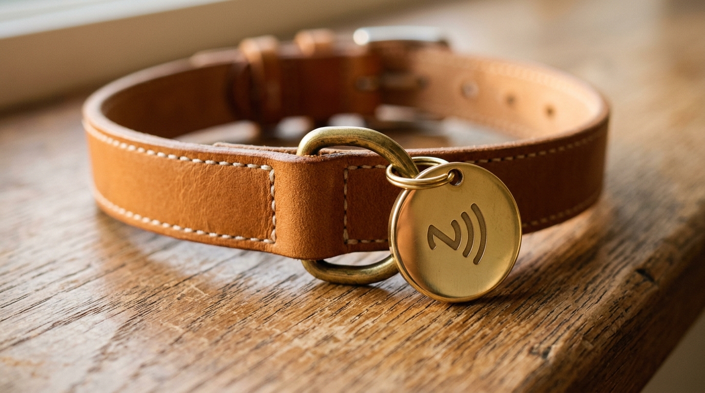 Close-up of a polished metal NFC tag on a pet collar