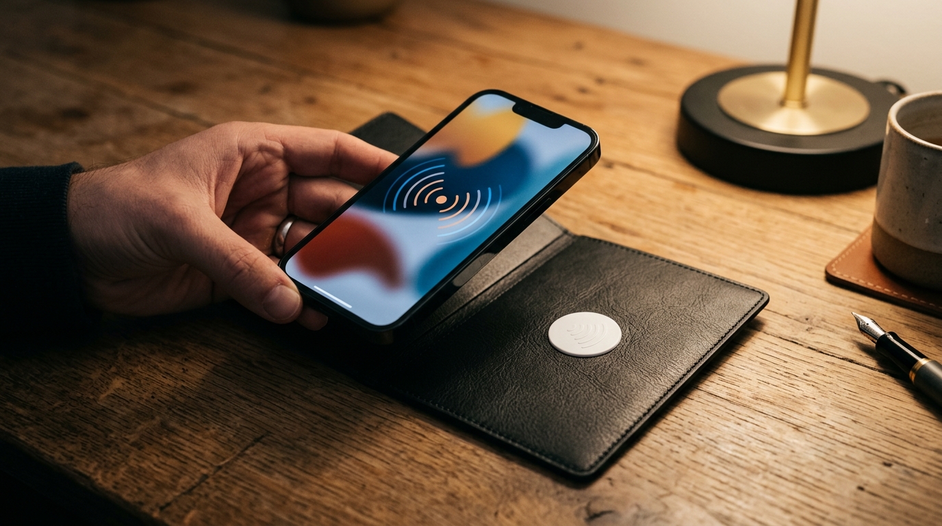 A phone hovering above an NFC sticker on a leather greeting card — tap to open