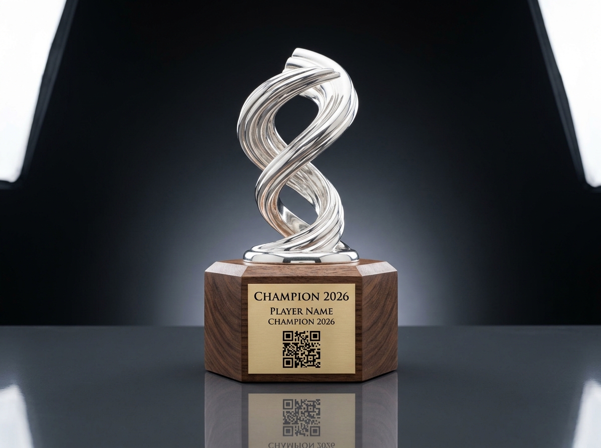 A polished silver-and-walnut sports trophy with a brass plaque and laser-etched QR code